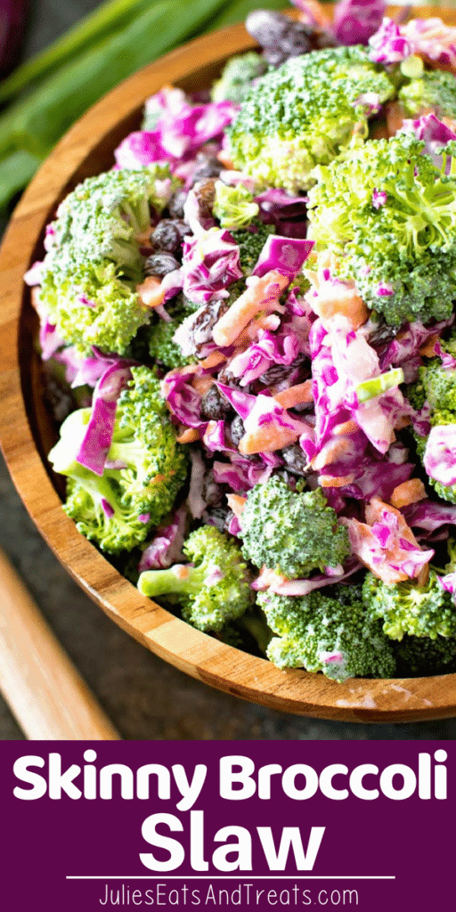 Skinny broccoli slaw in a wooden bowl