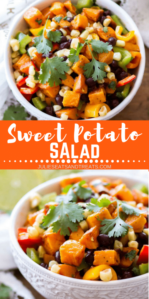 Collage with top image overhead of sweet potato salad in a white bowl, middle banner with text reading sweet potato salad, and bottom image from the side of a bowl of sweet potato salad