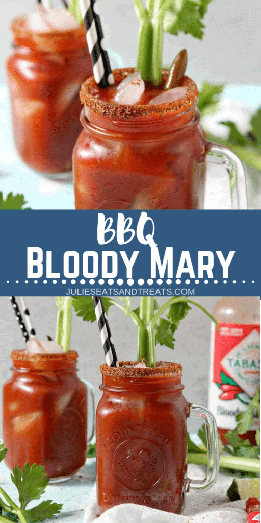 Collage with top image of the rim of a bloody mary with seasoned rim, middle banner with text reading BBQ Bloody Mary, and bottom image of two bloody mary's in a glass mug