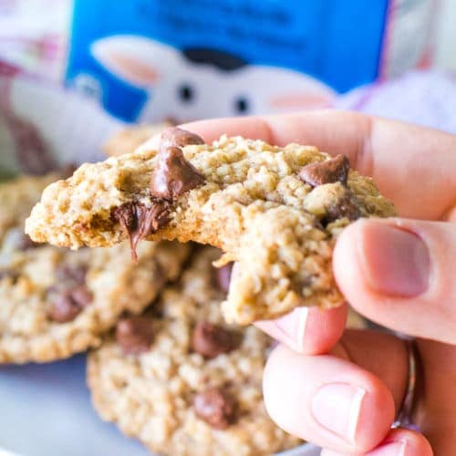 oatmeal chocolate chip cookies with bite taken out of it