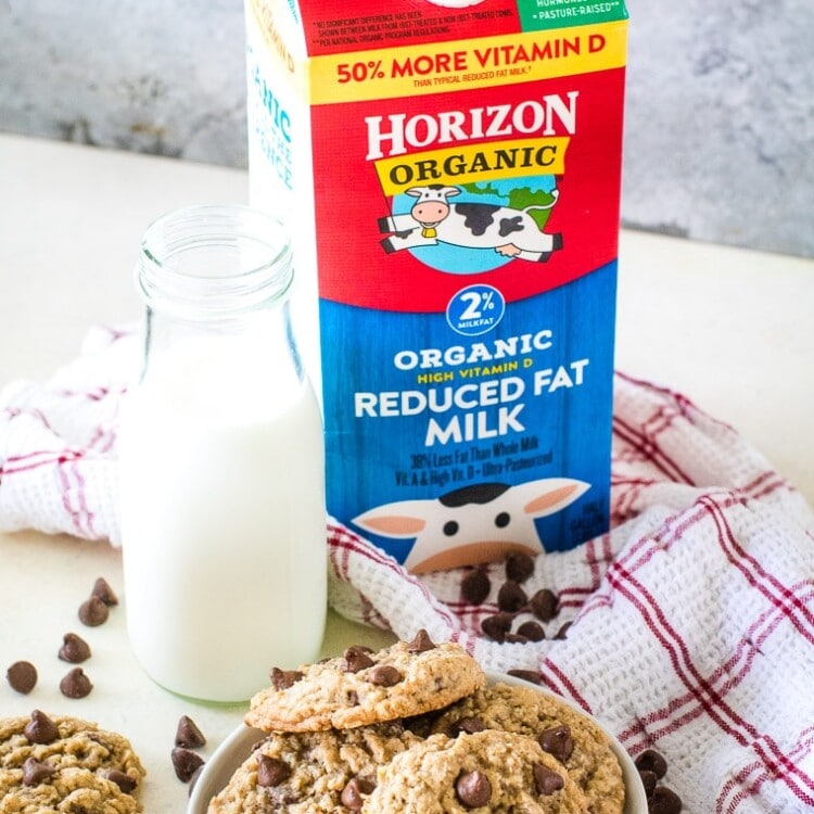 Horizon Organic Milk carton next to plate of cookies