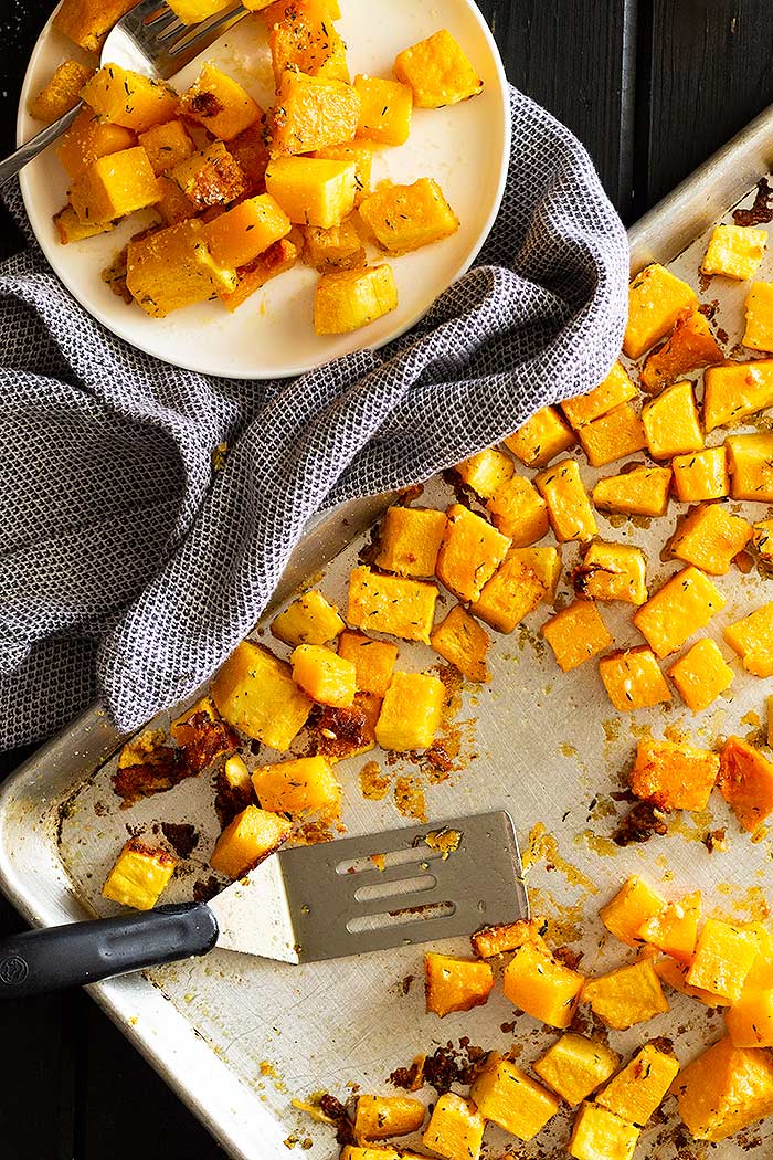 Roasted Butternut squash on a sheet pan.