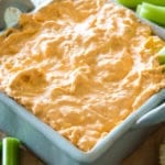Crockpot Buffalo Chicken Dip in square dish