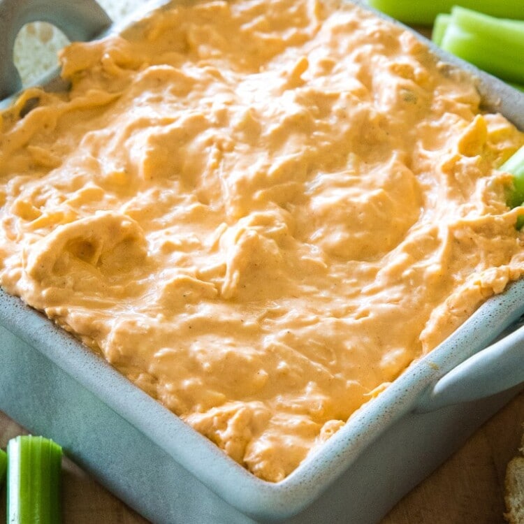 Crockpot Buffalo Chicken Dip in square dish