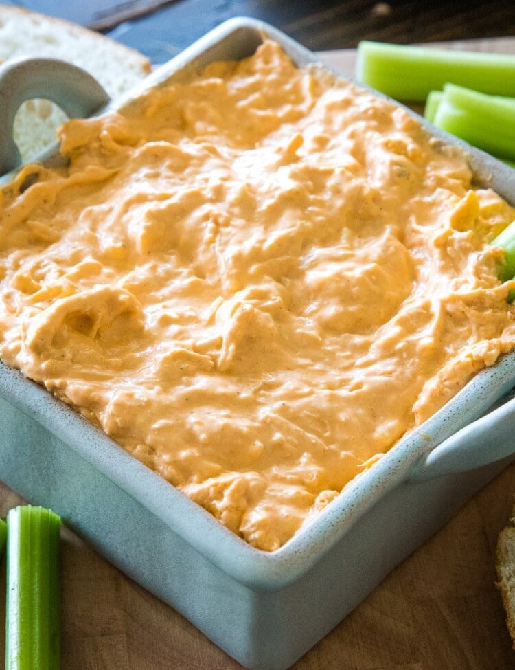 Crockpot Buffalo Chicken Dip in square dish
