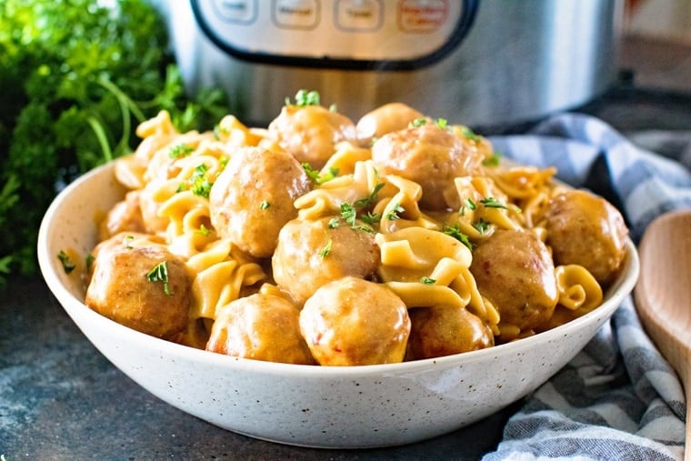 Pressure Cooker Swedish Meatballs in white bowl