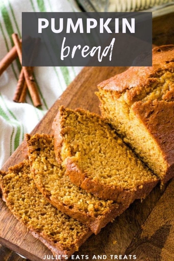 Loaf of pumpkin bread with three slices cut of of the left end