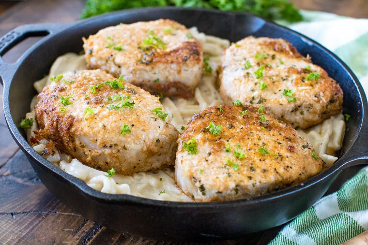 Baked pork chops in cast iron skillet