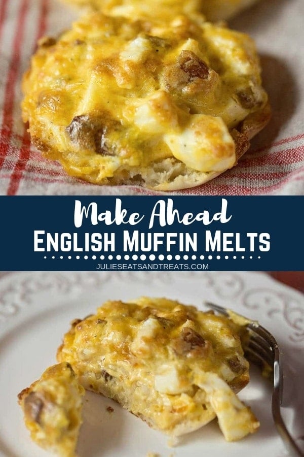 Collage with top image of an english muffin melt on a napkin, middle banner with text reading make ahead english muffin melts, and bottom image of an english muffin melt on a plate with a fork
