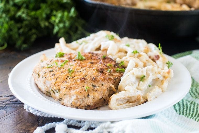 Baked Pork Chops on plate with noodles