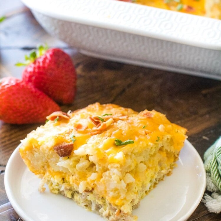 Tater Tot Breakfast Casserole on white plate