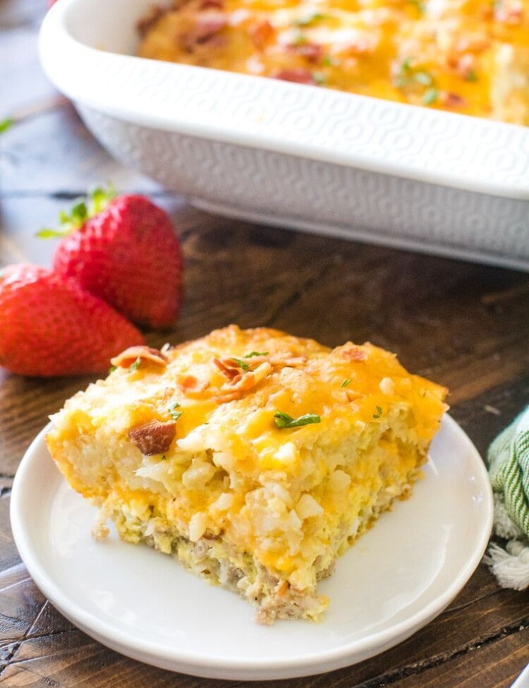 Tater Tot Breakfast Casserole on white plate