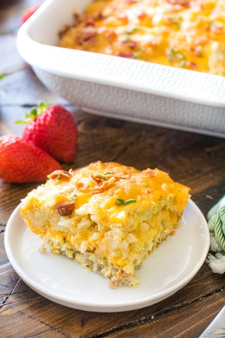 Tater Tot Breakfast Casserole on white plate