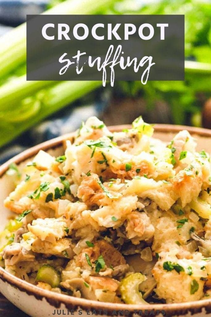 crockpot stuffing in a brown bowl