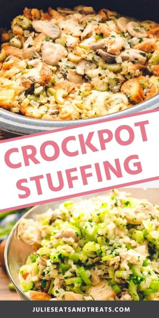 Crockpot stuffing pinterest collage. Top image of stuffing in the crockpot, bottom image of ingredients for stuffing unmixed in a glass bowl