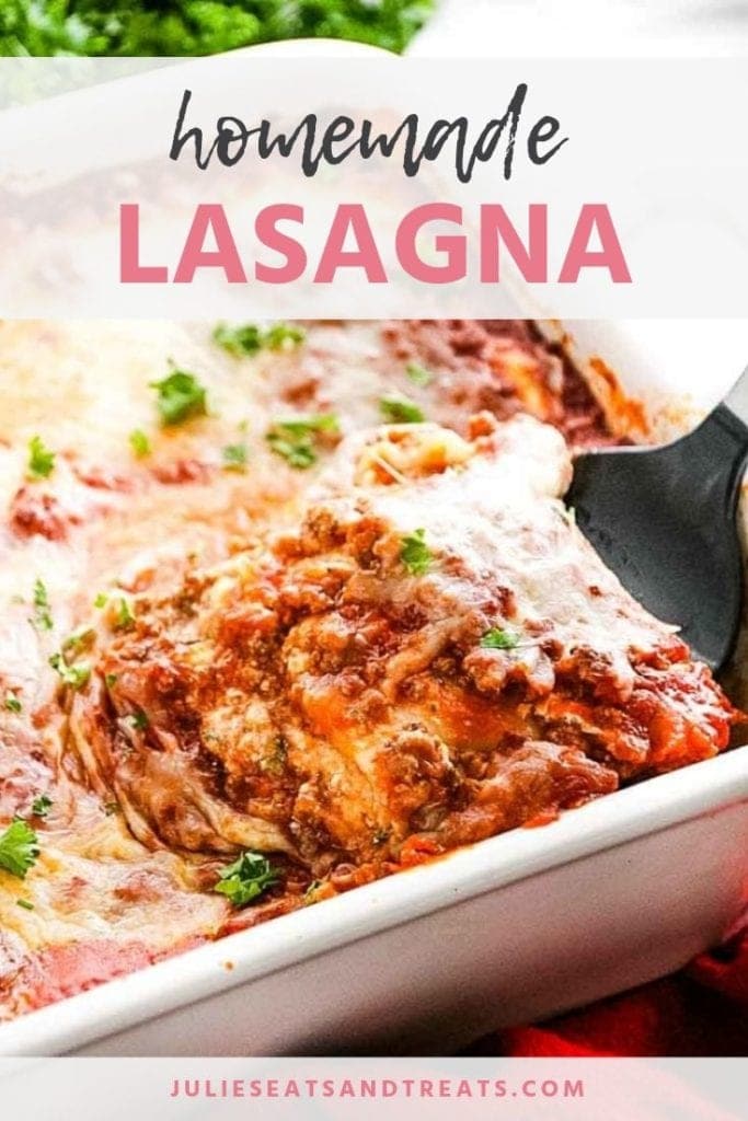 Spatula lifting a slice of lasagna out of the casserole dish