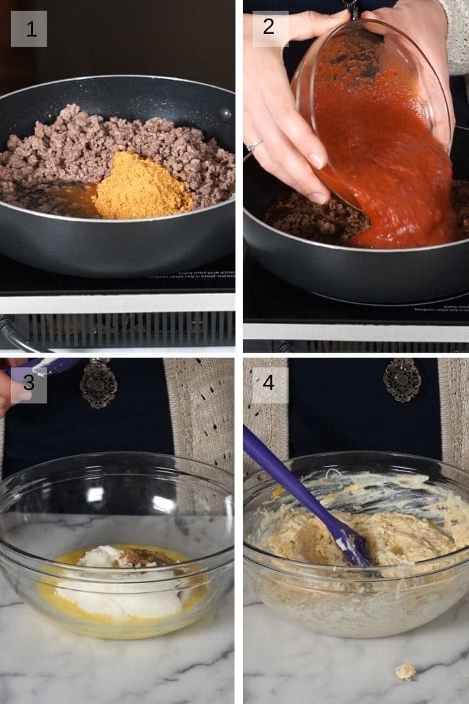 Four image collage showing taco meat mixed with spaghetti sauce and then cheese filling being mixed for lasagna