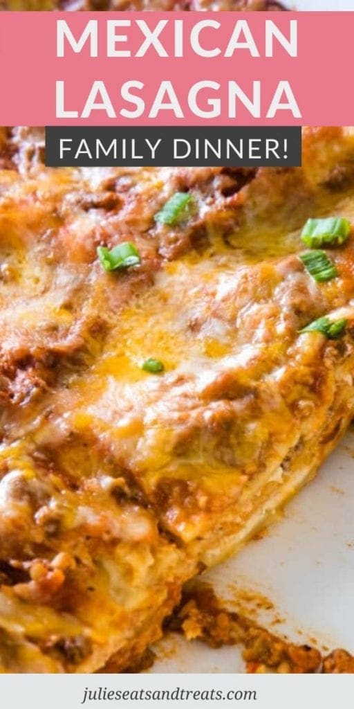 Mexican Lasagna in a white baking dish with a row missing