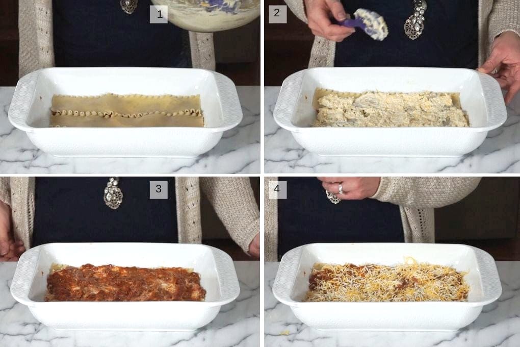 Collage of four images showing layers to lasagna