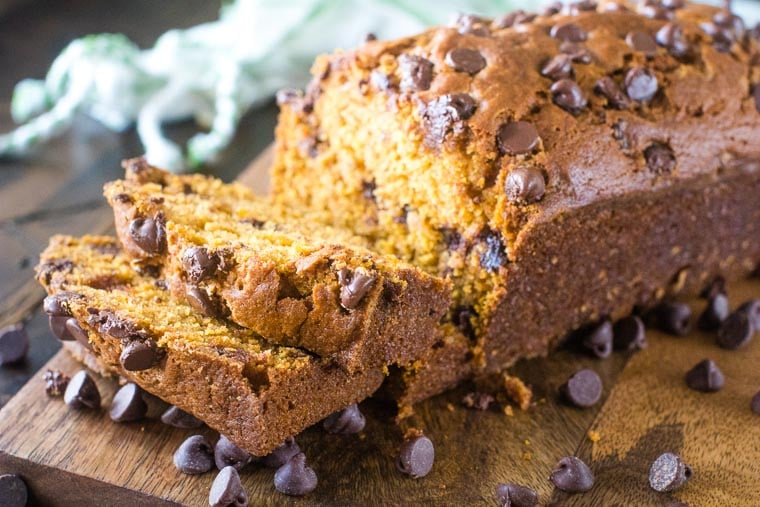 Chocolate Chip Pumpkin Bread with slices cut off the end