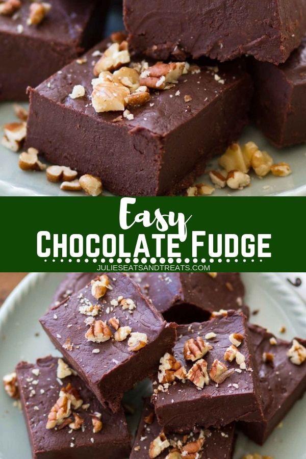 Collage with top image up close of a piece of fudge, middle banner with text reading easy chocolate fudge, and bottom image of fudge stacked up on a plate