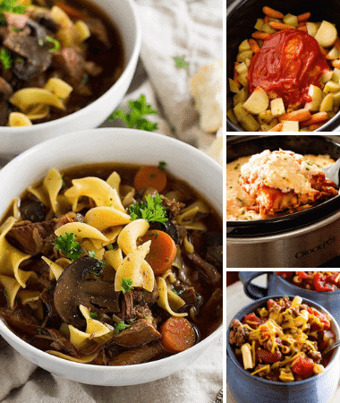 Collage with larger left image of beef stew and three smaller images of meatloaf, lasagna, and chili mac