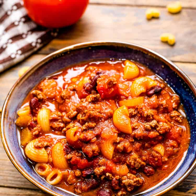 A bowl with cooked chili mac on it