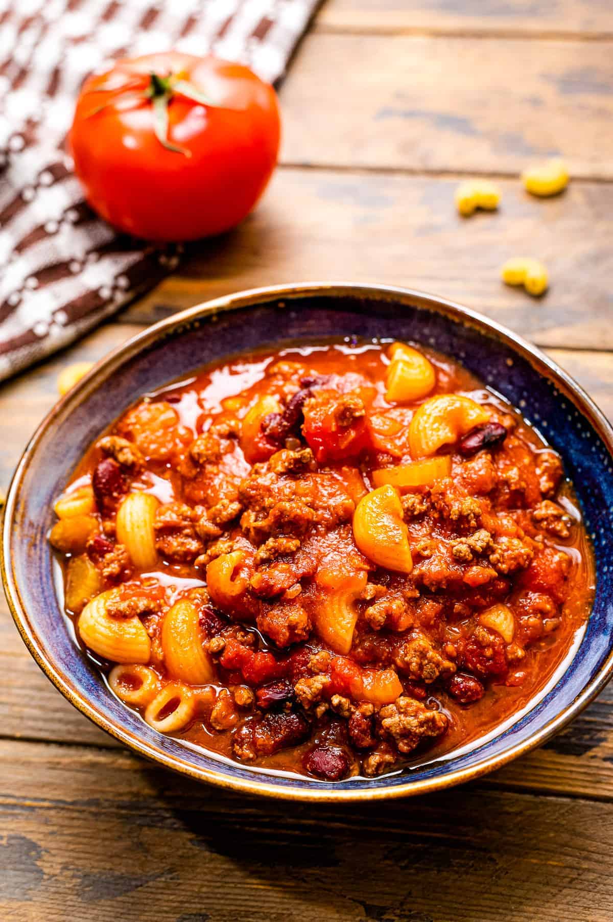 A bowl with cooked chili mac on it