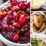 Collage of Thanksgiving recipe images with left larger image of cranberries and three smaller right images of mashed potatoes, turkey, and stuffing