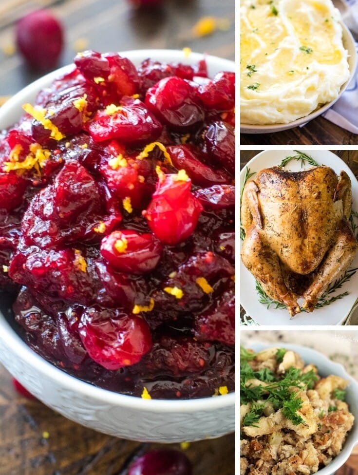 Collage of Thanksgiving recipe images with left larger image of cranberries and three smaller right images of mashed potatoes, turkey, and stuffing