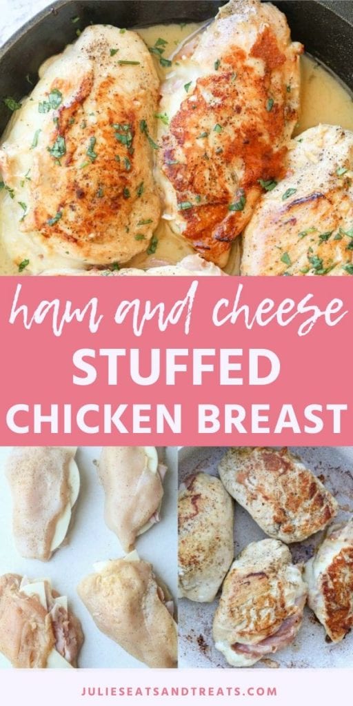 Ham and cheese stuffed chicken breast collage. Top image of prepared ham and cheese stuffed chicken breasts in a skillet, bottom two images of raw chicken breasts with cheese and ham in the center and cooked chicken breasts