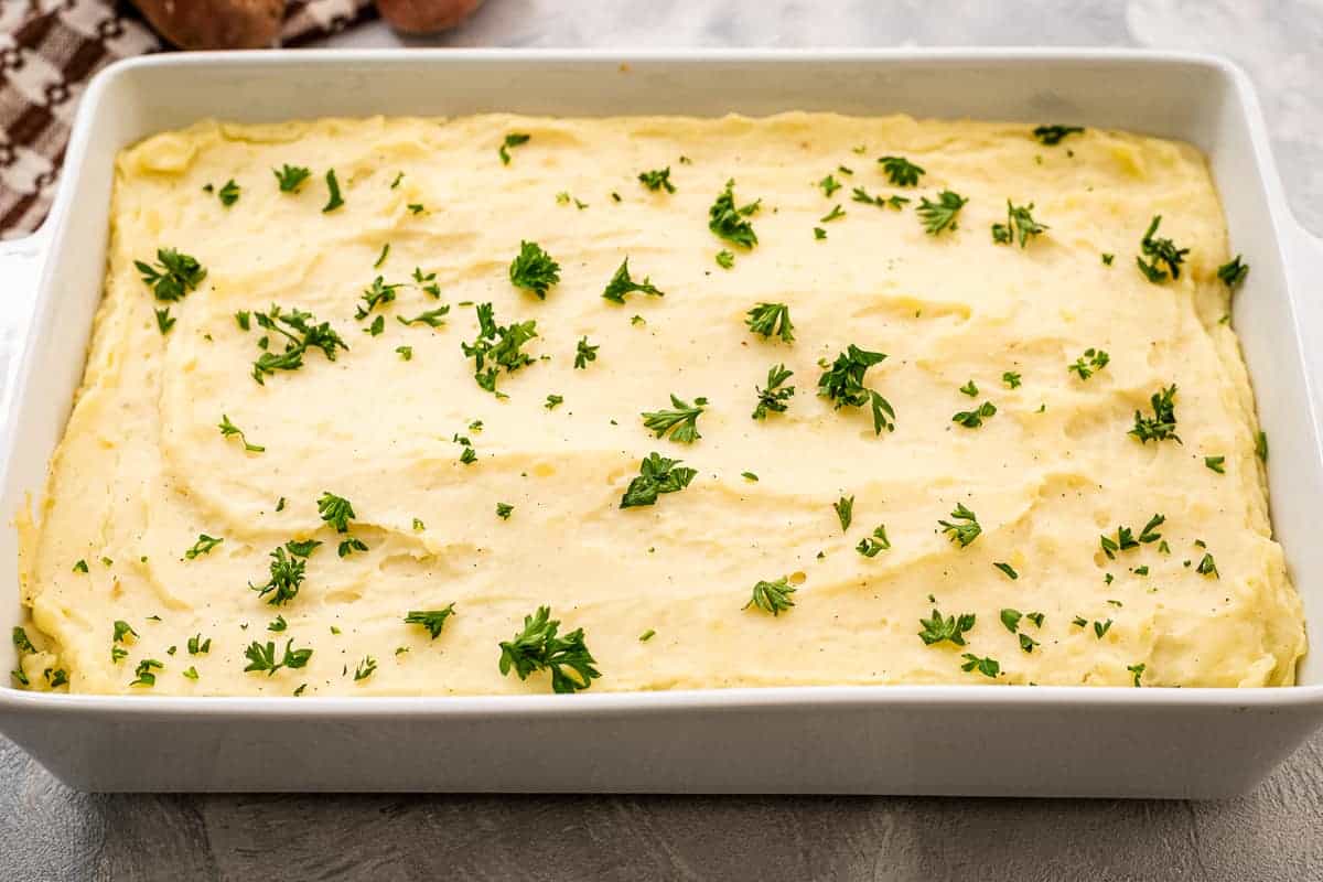 Casserole dish with Make Ahead Mashed Potatoes