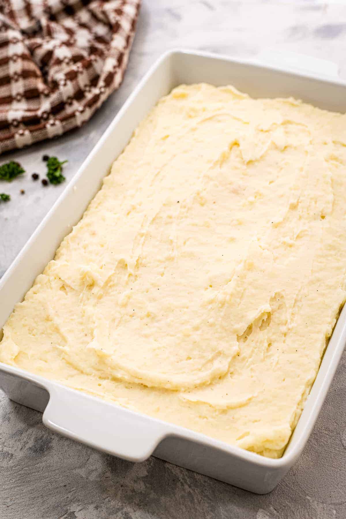 Mashed potatoes in casserole dish