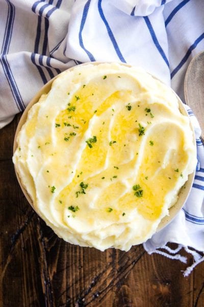 Mashed Potatoes Recipe prepared in bowl overhead image
