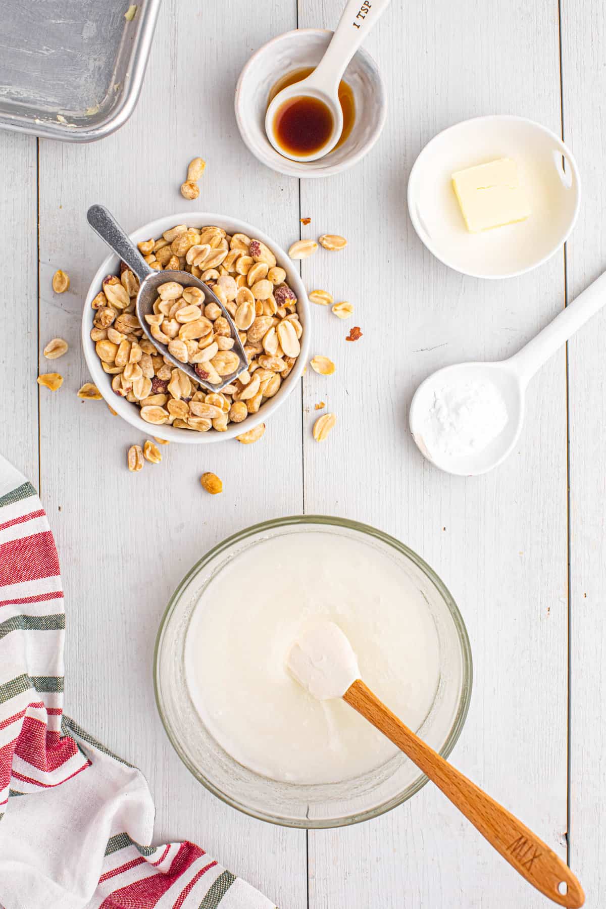 Syrup ingredients in bowl for peanut brittle