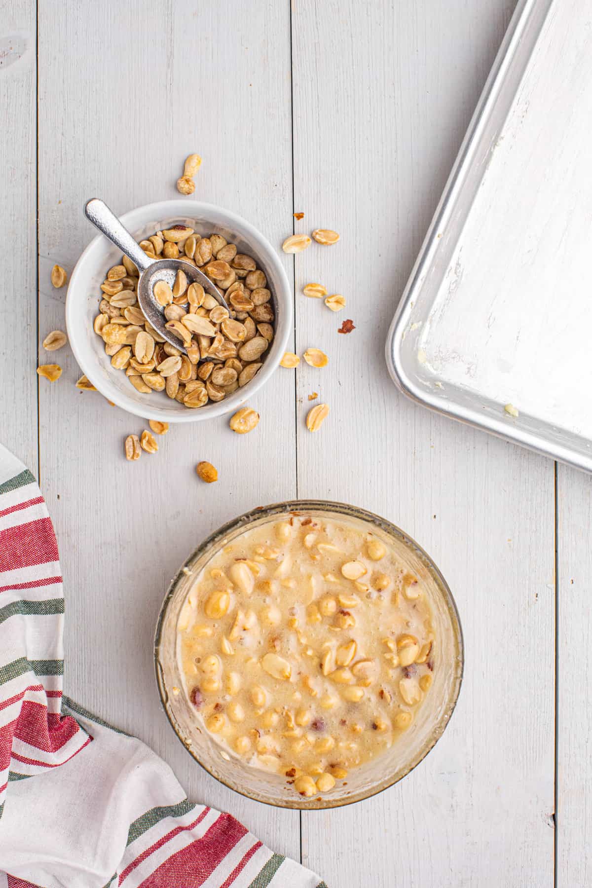 Microwave Peanut Brittle Mixture in glass bowl