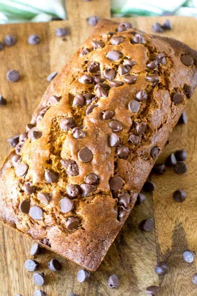 Overhead view of pumpkin bread with chocolate chips