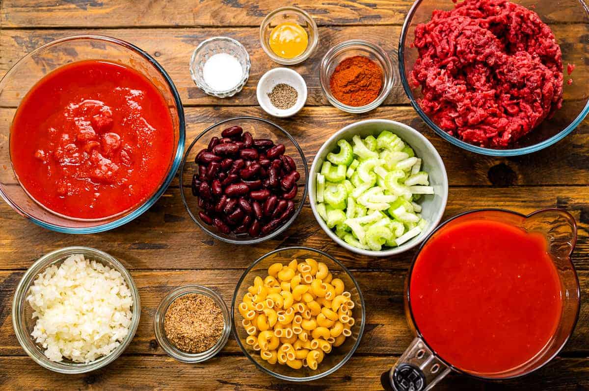 Overhead image of Slow Cooker Chili Mac Ingredients in small bowls