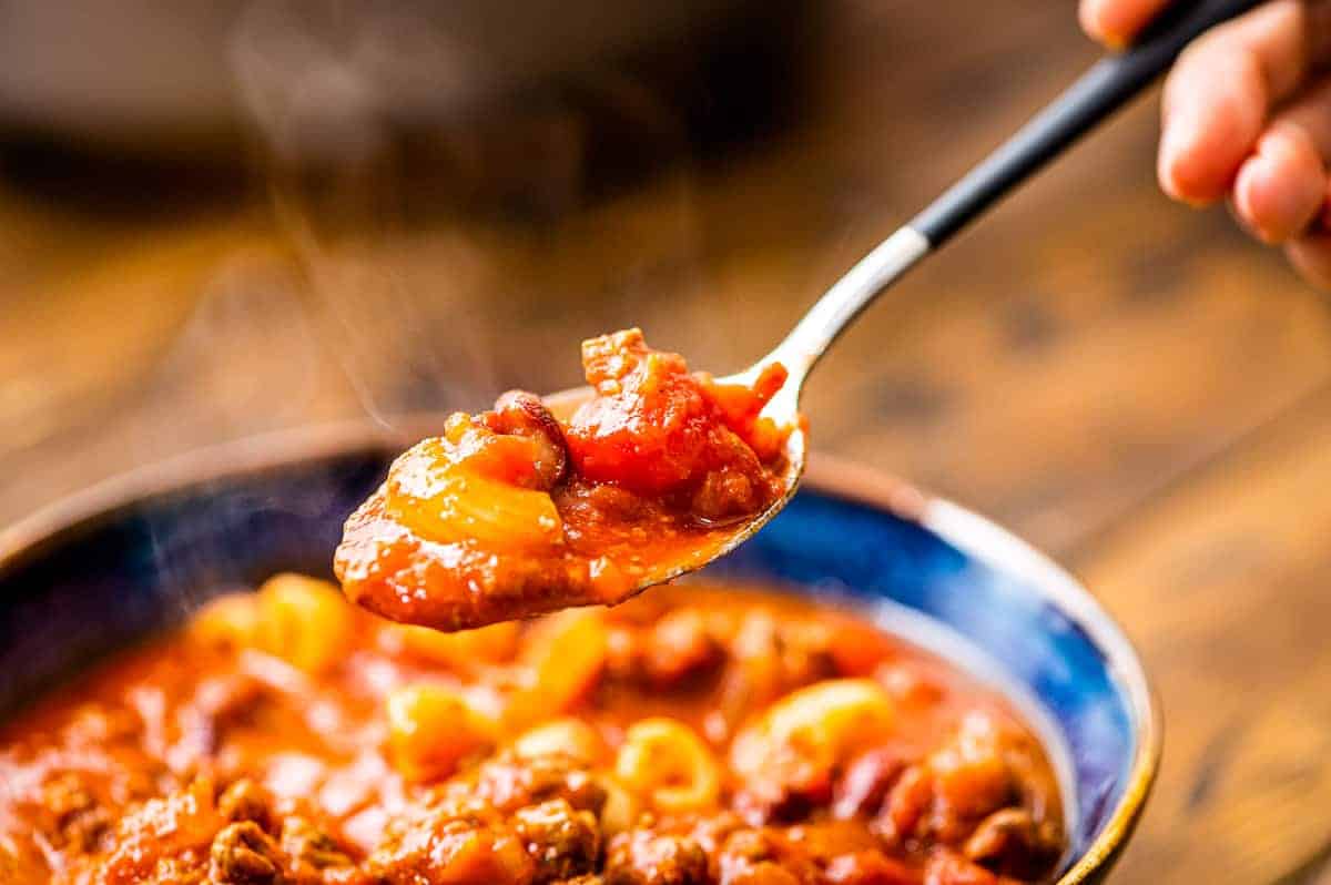 Spoon with a bit of chili mac on it