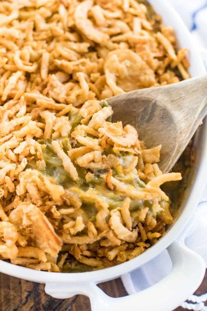 String Bean Casserole in white baking dish