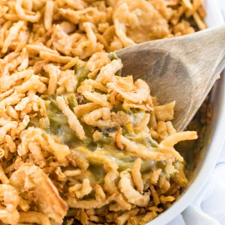 String Bean Casserole in white baking dish