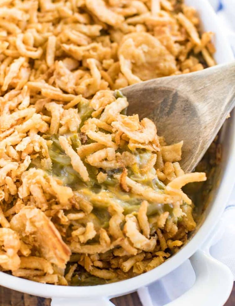 String Bean Casserole in white baking dish