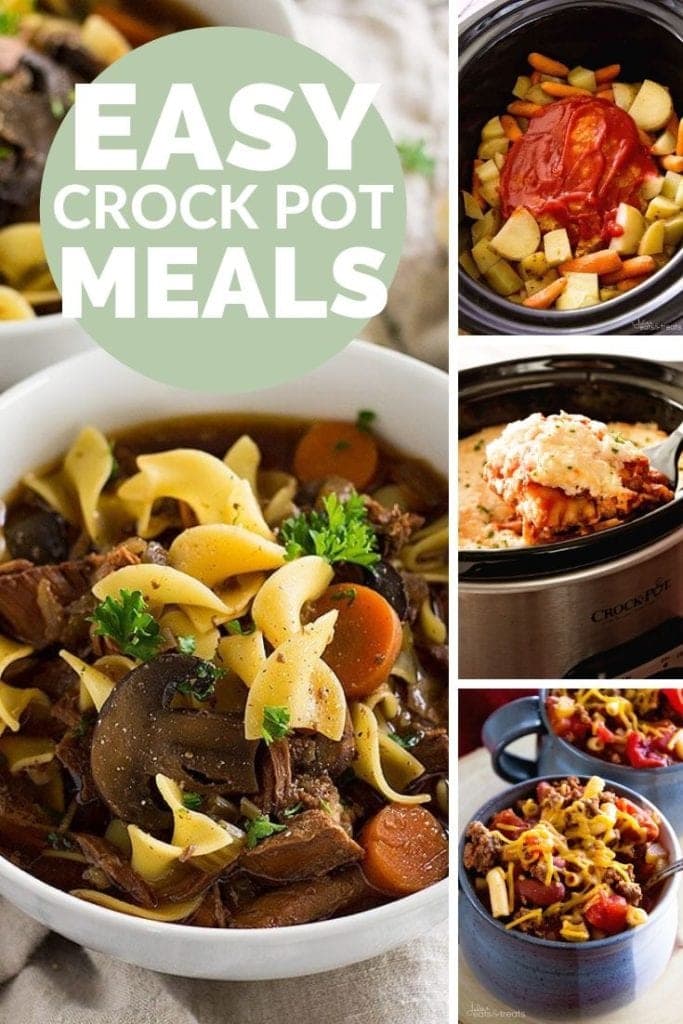 Collage with four images of beef stew, meatloaf, lasagna, and chili mac with text reading easy crock pot meals