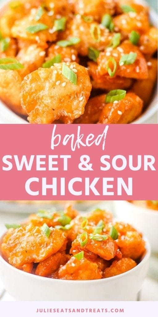 Baked Sweet & Sour Chicken collage. On the top there is an overhead image of sweet and sour chicken in a white bowl, bottom image of a side view of a white bowl full of chicken topped with chives.