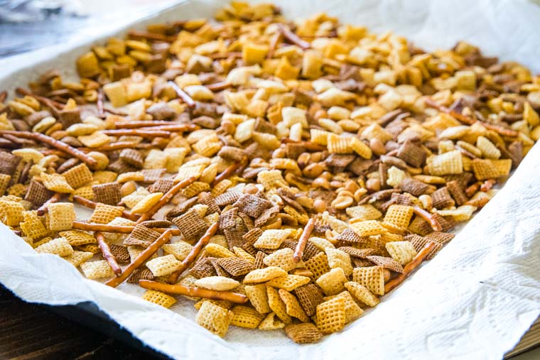 homemade chex mix recipe on sheet pan