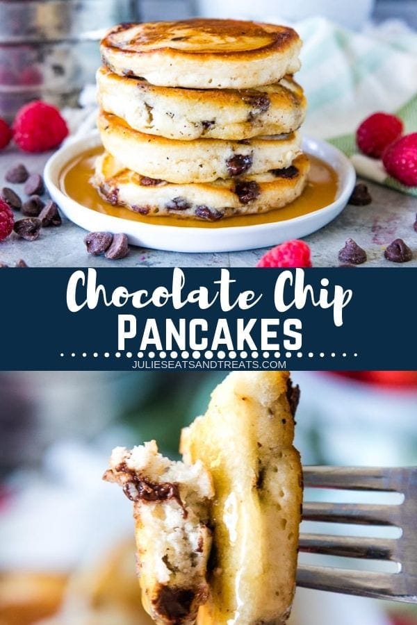 Collage with top image of four chocolate chip pancakes stacked on a white plate with syrup, middle banner with text reading chocolate chip pancakes, and bottom image of pancakes on a fork
