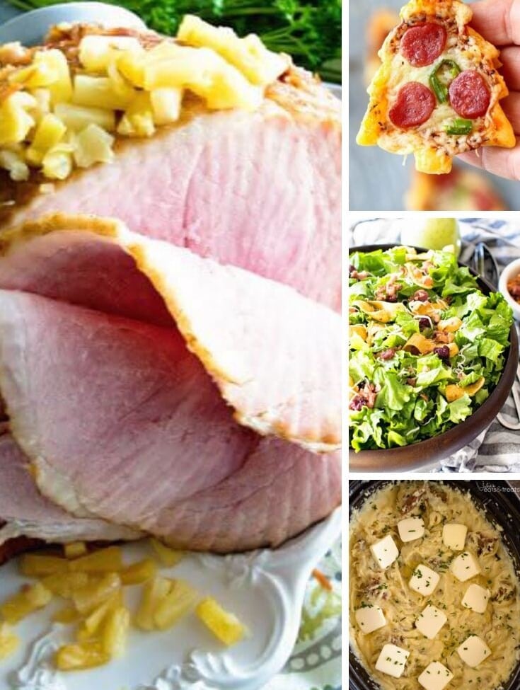 Collage with larger left image of a pineapple ham and three smaller right images of a chirstmas tree pizza, salad, and mashed potatoes.