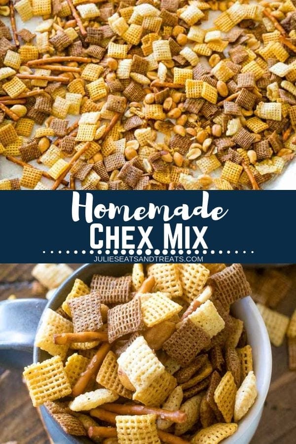 Collage with top image of chex mix spread out on wax paper, middle banner with text reading homemade chex mix, and bottom image of a bowl of chex mix