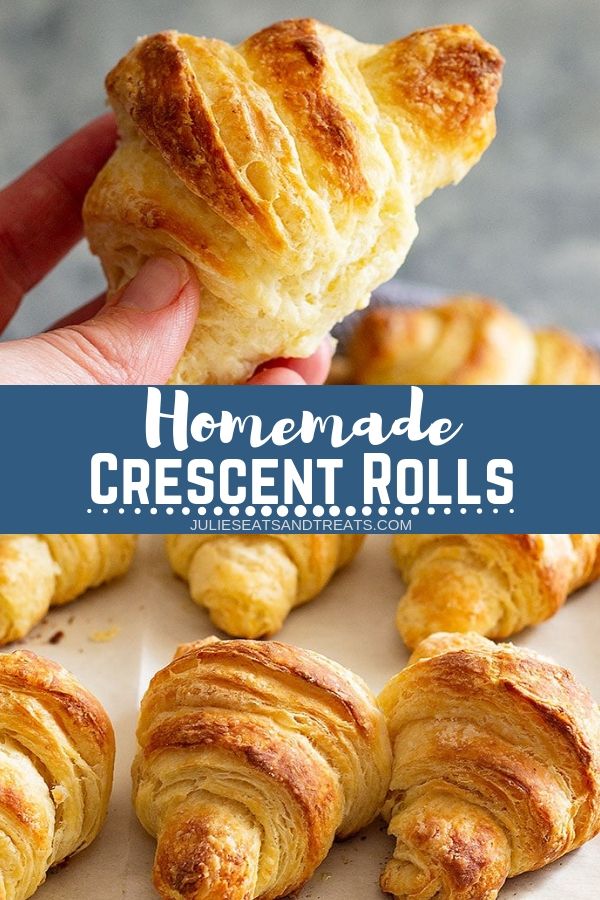 Collage with top image of a hand holding a crescent roll, middle banner with text reading homemade crescent rolls, and bottom image of crescent rolls on a baking sheet