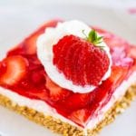 Strawberry Pretzel Salad piece on white plate